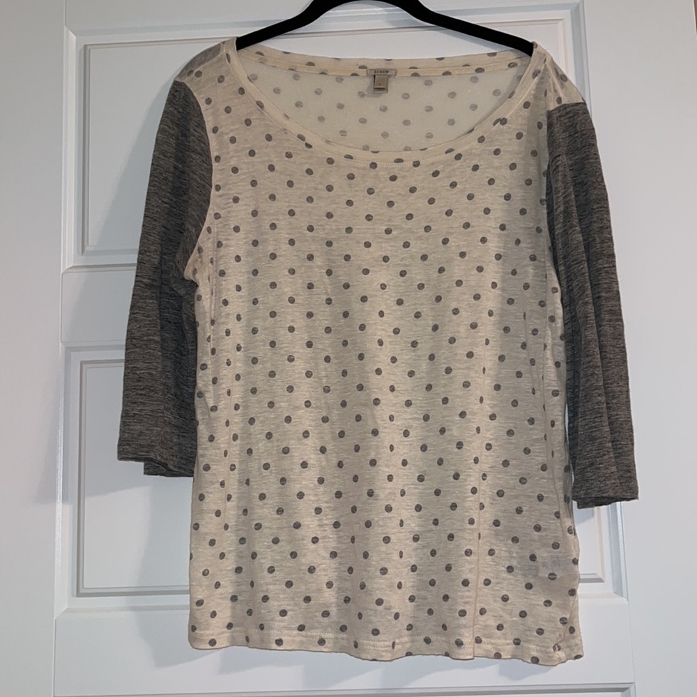 J.CREW - 100% Linen - Size Large Gray & Cream Polka Dot Baseball Tee 3/4 Sleeve